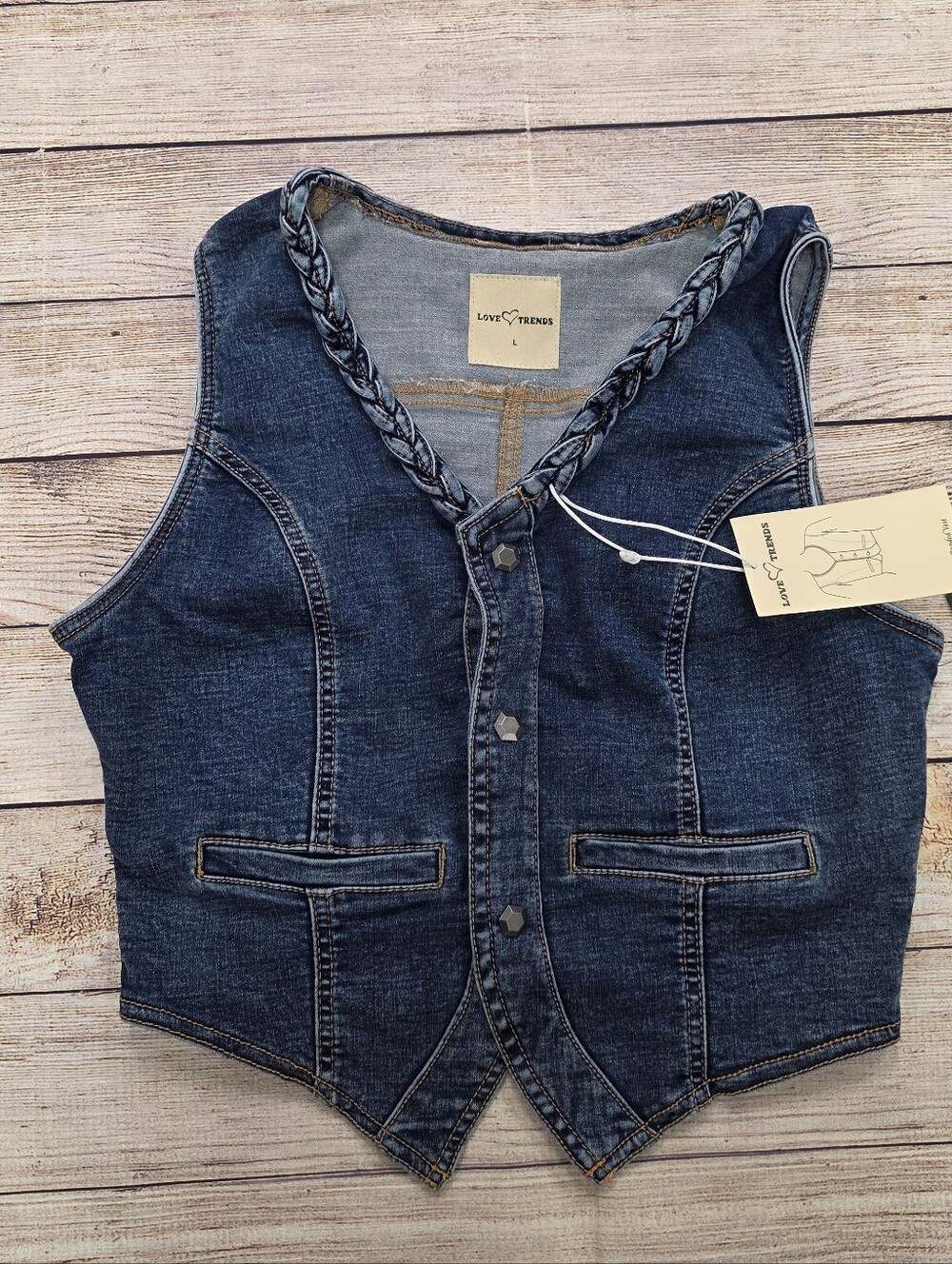 Love Trends Dark Blue Denim Braided Collar Vest Size Large NWT